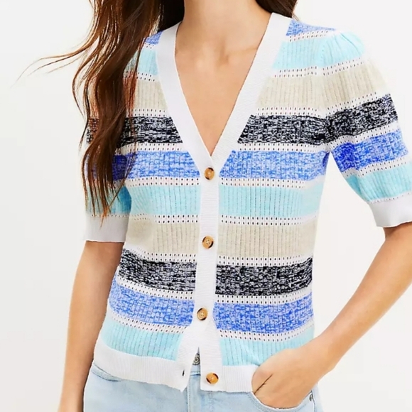 LOFT Striped Pointelle Puff Sleeve V-Neck Cardigan Top NWT Size Large - Picture 2 of 7